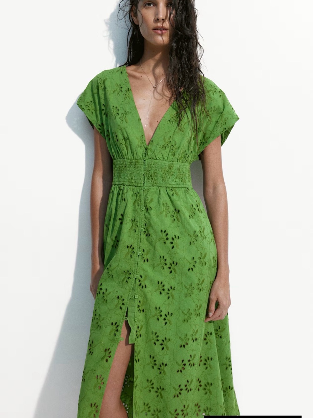 H&M Bright Green Eyelet V-Neck Midi Dress